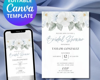 Dusty Blue flower Bridal Shower invitation Template, minimalist Bridal Shower, minimalistic invitation, Canva Template, Instant Download