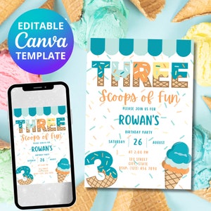 Editable Ice Cream Birthday Invitation, Three Scoops of Fun, 3rd Birthday Party Invitation, Canva Template, Instant Download