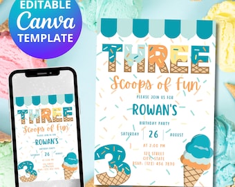 Invitación de helado para tercer cumpleaños: Tres bolas de diversión, plantilla de Canva (descarga digital)