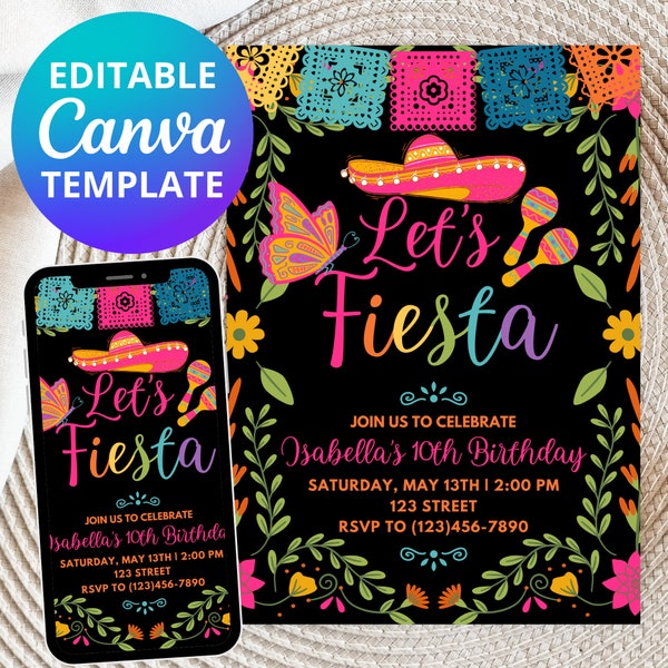 Editable Birthday Party Invitation | Fiesta Invitation | Any Age | Mexican theme Invitation | CANVA TEMPLATE | Instant Download