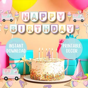 Ice Cream 4th Birthday Party Printable Decor Bundle, 8.5 x11in PDFs, Digital files, instant download