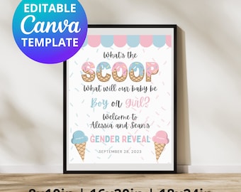 May include: A gender reveal party sign with a pink and blue ice cream cone design. The text reads "What's the scoop? What will our baby be boy or girl? Welcome to Alessia and Sean's Gender Reveal September 28, 2023".
