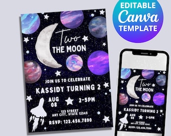Two the Moon Birthday Invitation, Outer Space Girl, Canva Template (Instant Download)