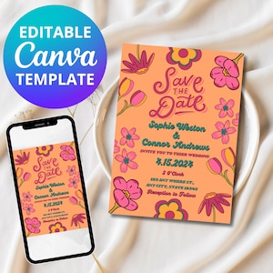 Retro 70&#39;s Wedding Invitation Set, Flowers Vintage Wedding Invitation, Disco Wedding, Editable Template Printable