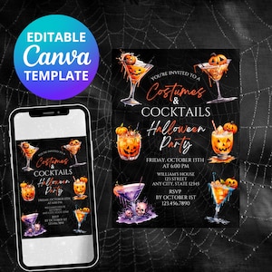 Editable Halloween Invitation, Costumes & Cocktails Party, Halloween Party, Canva Template, Instant Download