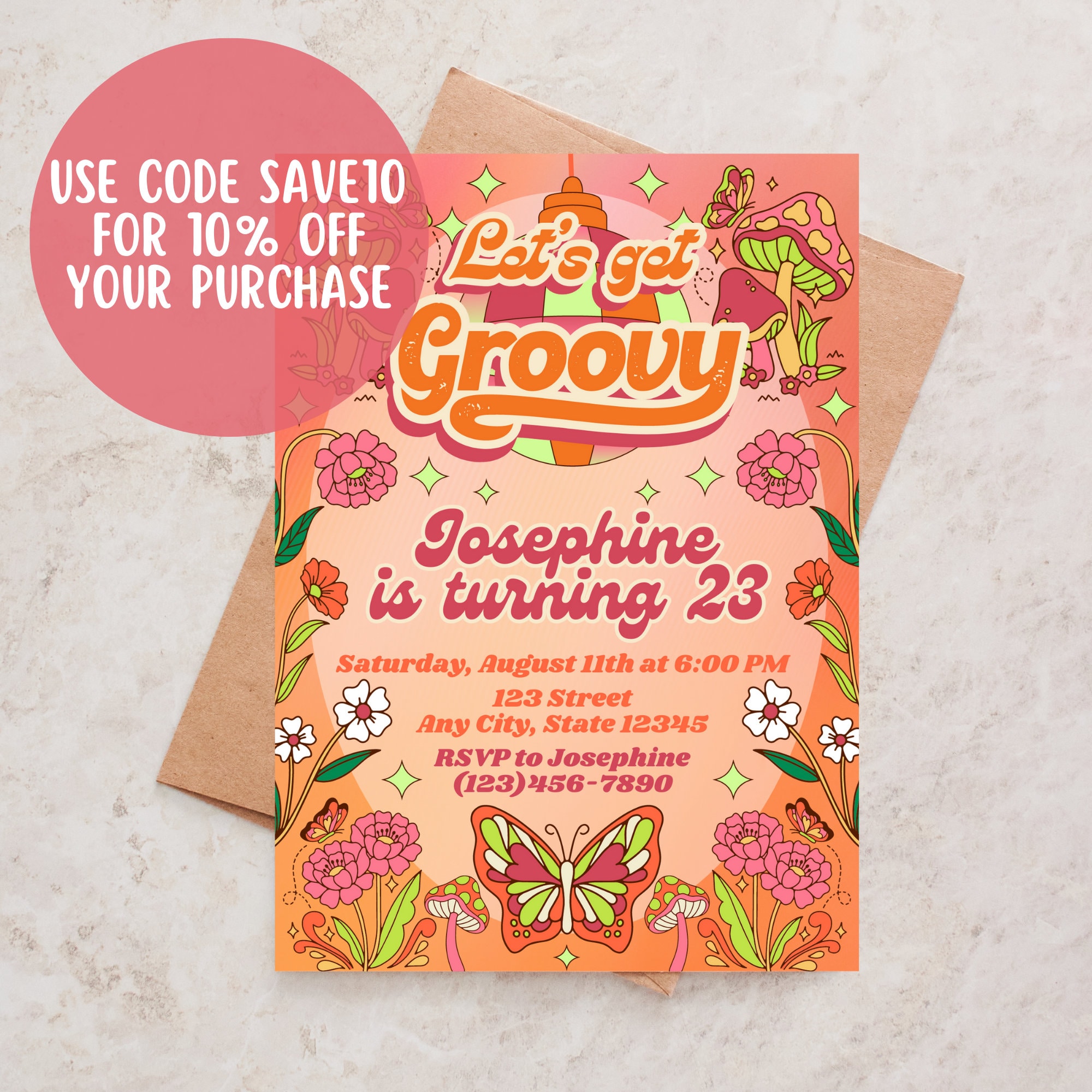 Editable Groovy Birthday Invitation | Retro Disco Party (canva Template ...