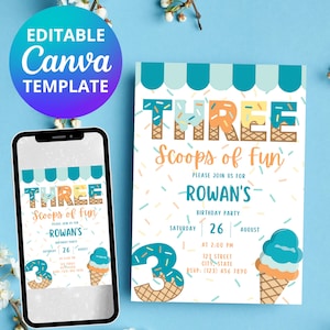 Editable Ice Cream Invitation | Three Scoops of Fun | CANVA TEMPLATE | Instant Download