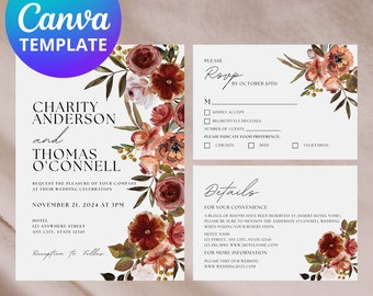 Floral Fall Wedding Invitation Template Set, Autumn Wedding, Boho Minimalist Invitation, Canva Template, Instant Download