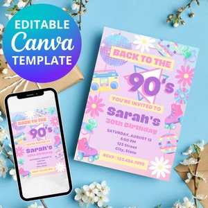 Editable 90&#39;s Birthday Party Invitation | 90&#39;s Party Invitation | Retro Birthday Party | Instant Download | Canva Template