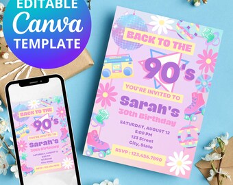 Editable 90s Birthday Party Invitation | Retro Canva Template (Instant Download)
