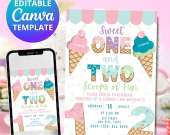May include: A printable invitation for a first and second birthday party. The invitation features a colorful ice cream cone design with the text "Sweet One and Two Scoops of Fun". The invitation includes the date, time, and location of the party.