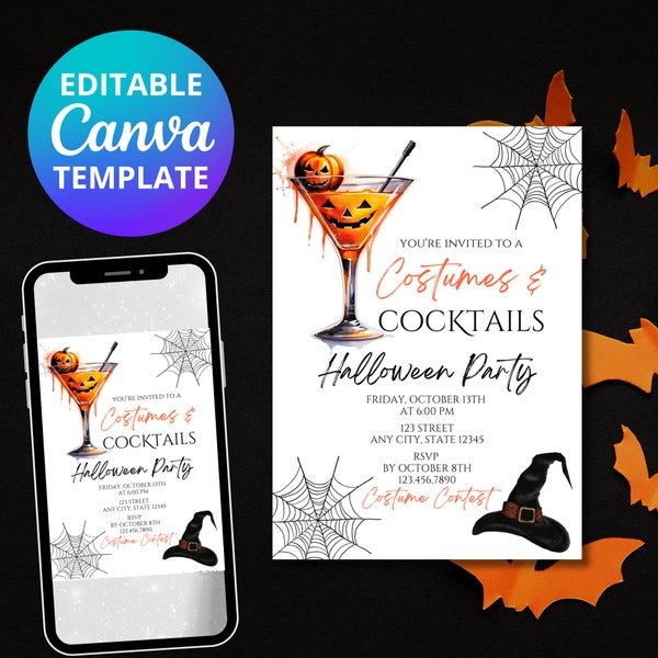 Editable Halloween Invitation, Costumes & Cocktails Party, Halloween Party, Canva Template, Instant Download
