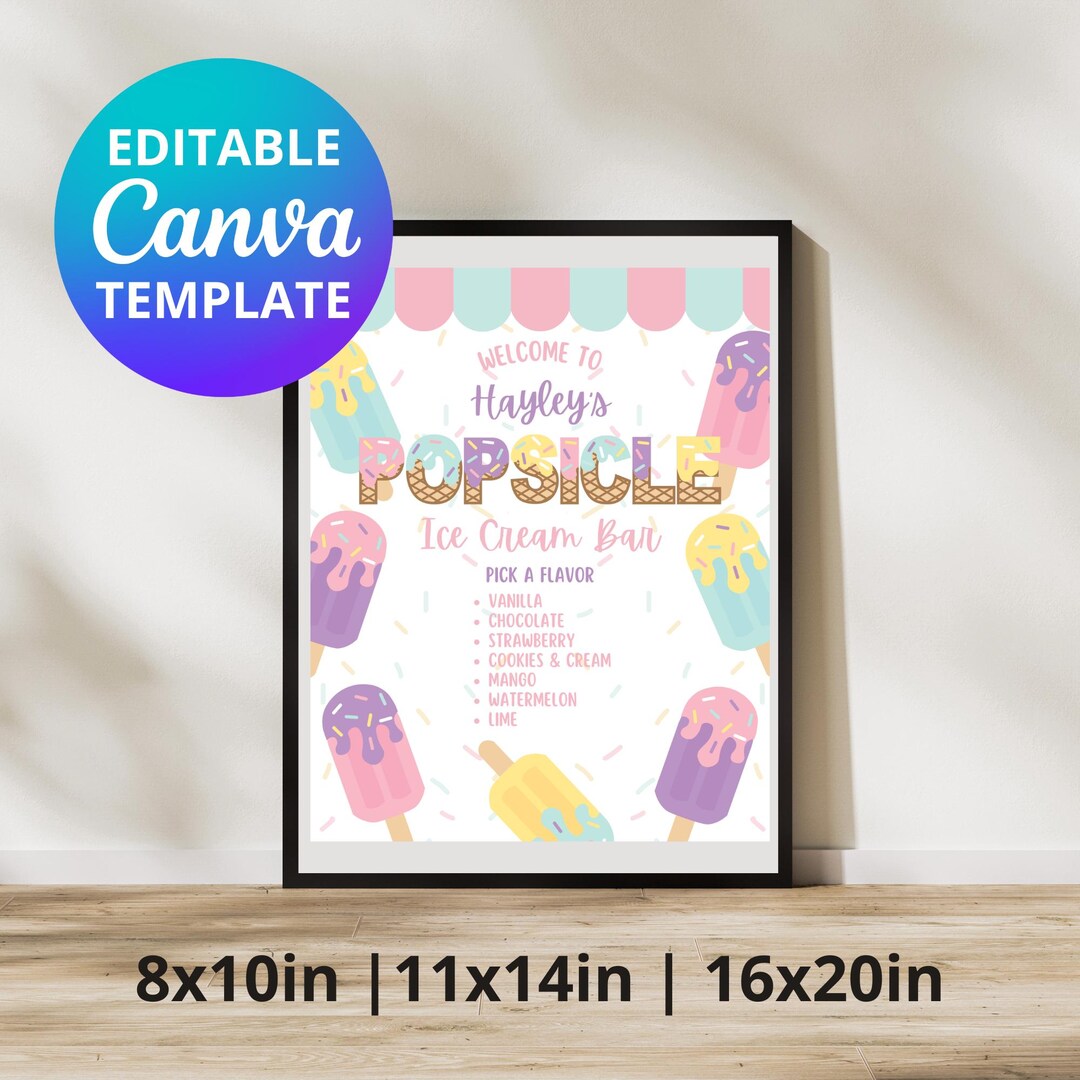 Popsicle Ice Cream Bar Menu Sign: Pastel Party Decor (canva Template ...