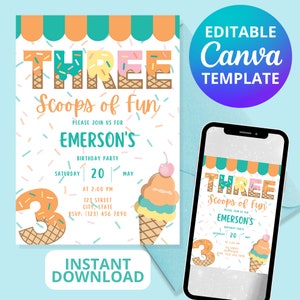 Editable Ice Cream Invitation | Three Scoops of Fun | CANVA TEMPLATE | Instant Download