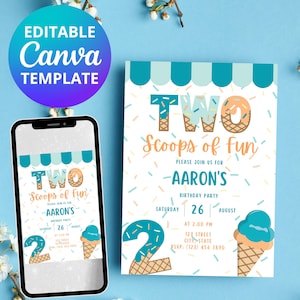 Editable Ice Cream Birthday Invitation | Two Scoops of Fun | CANVA TEMPLATE | Instant Download