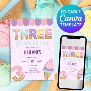 Editable Ice Cream Birthday Invitation, Three Scoops of Fun, 3rd Birthday Party invitation, Canva Template, Instant Download