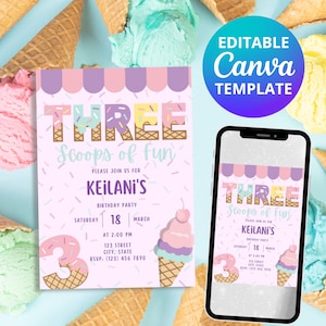 Editable Ice Cream Birthday Invitation, Three Scoops of Fun, 3rd Birthday Party invitation, Canva Template, Instant Download