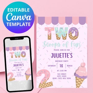 Editable Ice Cream Invitation | Two Scoops of Fun Invitation | CANVA TEMPLATE| Instant Download