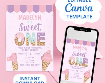 May include: Editable Canva template for a first birthday party invitation. The invitation features a pink and purple color scheme with a cartoon ice cream cone and the text "Madelyn is a Sweet One". The invitation includes details for the party, including the date, time, and location.