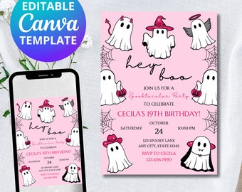 Op de afbeelding: Roze en witte Halloween-uitnodiging met een spookthema. De uitnodiging luidt "Hey Boo! Doe mee met een Spooktacular Party om de 19e verjaardag van Cecilia te vieren!" De uitnodiging bevat de datum, tijd en locatie van het feest.