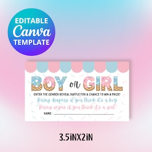 Le sexe révèle les billets de tombola, 3,5 x 2 pouces, garçon ou fille ?, couches ou lingettes, modèle Canva, téléchargement immédiat