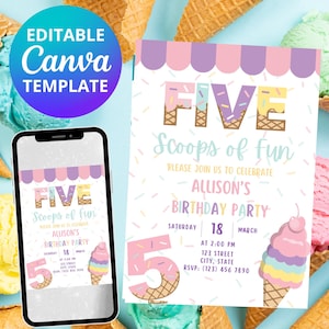 May include: A printable invitation for a 5th birthday party with an ice cream theme. The invitation is pink, purple, and yellow with a white background. The text on the invitation reads "Five Scoops of Fun" and "Please join us to celebrate Allison's Birthday Party". The invitation also includes the date, time, and location of the party.