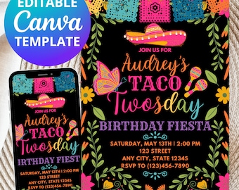 Editable Birthday Party Invitation | Fiesta Invitation | Taco Twosday | Mexican theme Invitation | CANVA TEMPLATE | Instant Download