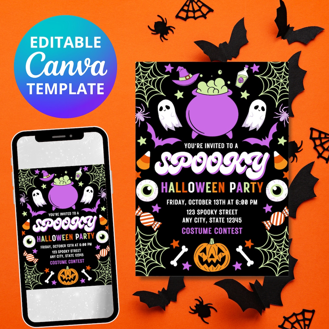 Spooky Halloween Party Invitation, Editable Canva Template (instant ...