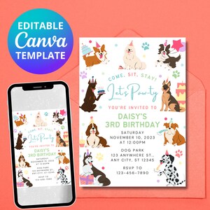 Editable Dog Pawty Birthday Invitation, Puppy Birthday Invitation, canva template, instant download