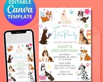 May include: A colorful invitation for a dog-themed birthday party. The invitation features a white background with paw prints and cartoon dogs wearing party hats. The text reads "Come. Sit. Stay! Let's Paw-ty! You're invited to Daisy's 3rd Birthday. Saturday, November 10, 2023 at 12:00 PM. Dog Park, 123 Anywhere St., Any City, ST 12345. RSVP to 123-456-7890."