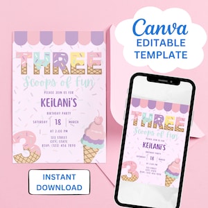 Editable Ice Cream Invitation | Three Scoops of Fun | CANVA TEMPLATE | Instant Download