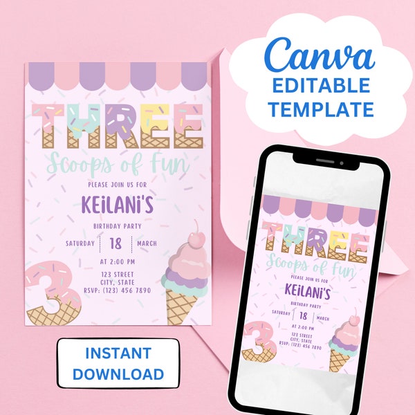 Editable Ice Cream Invitation | Three Scoops of Fun | CANVA TEMPLATE | Instant Download