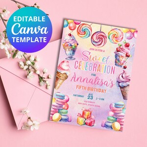 Sweet Celebration, Candy Invitation Editable Template, Candy, Ice cream, canva template, instant download
