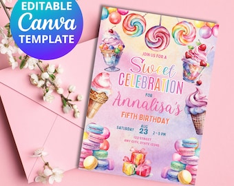 May include: A colorful invitation for a fifth birthday party with a sweet theme. The invitation features a watercolor illustration of ice cream cones, sundaes, lollipops, macarons, and presents. The text on the invitation reads "Join us for a Sweet Celebration for Annalisa's Fifth Birthday. Saturday, August 23, 2-5 PM, 123 Street, Any City, State 12345."