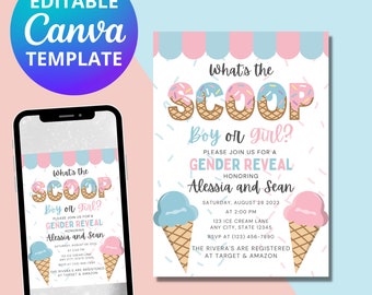 What&#39;s the scoop? Ice Cream Gender Reveal Invitation, Boy or Girl? 5x7, Canva Template, Instant Download