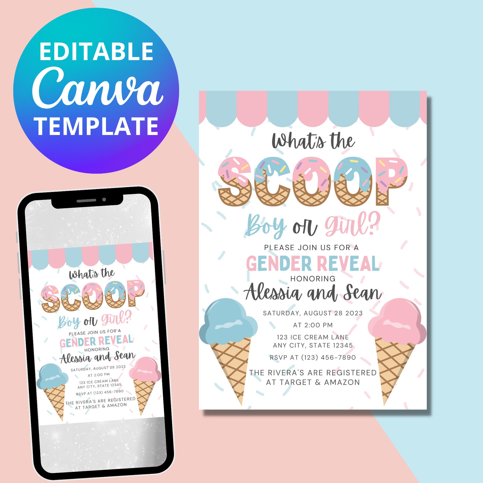 Whats the scoop Ice Cream Gender Reveal Invitation Boy or Girl 5x7 Canva Template Instant Download
