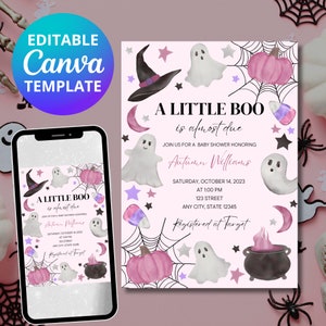 Editable Little Boo Baby Shower Invitation, Pink, Purple, Ghost, October Girl Baby Shower, Halloween, CANVA TEMPLATE, Instant Download
