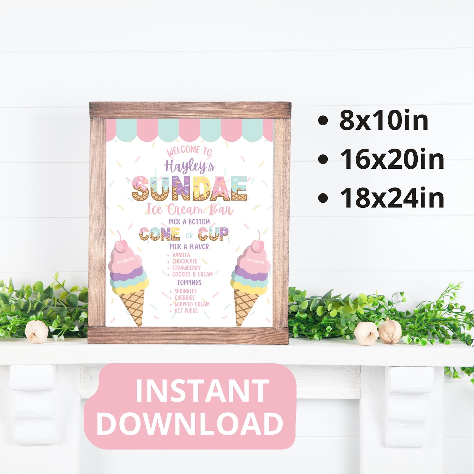 Ice Cream Bar Menu Party Sign, Editable Template, Pastel Ice Cream ...