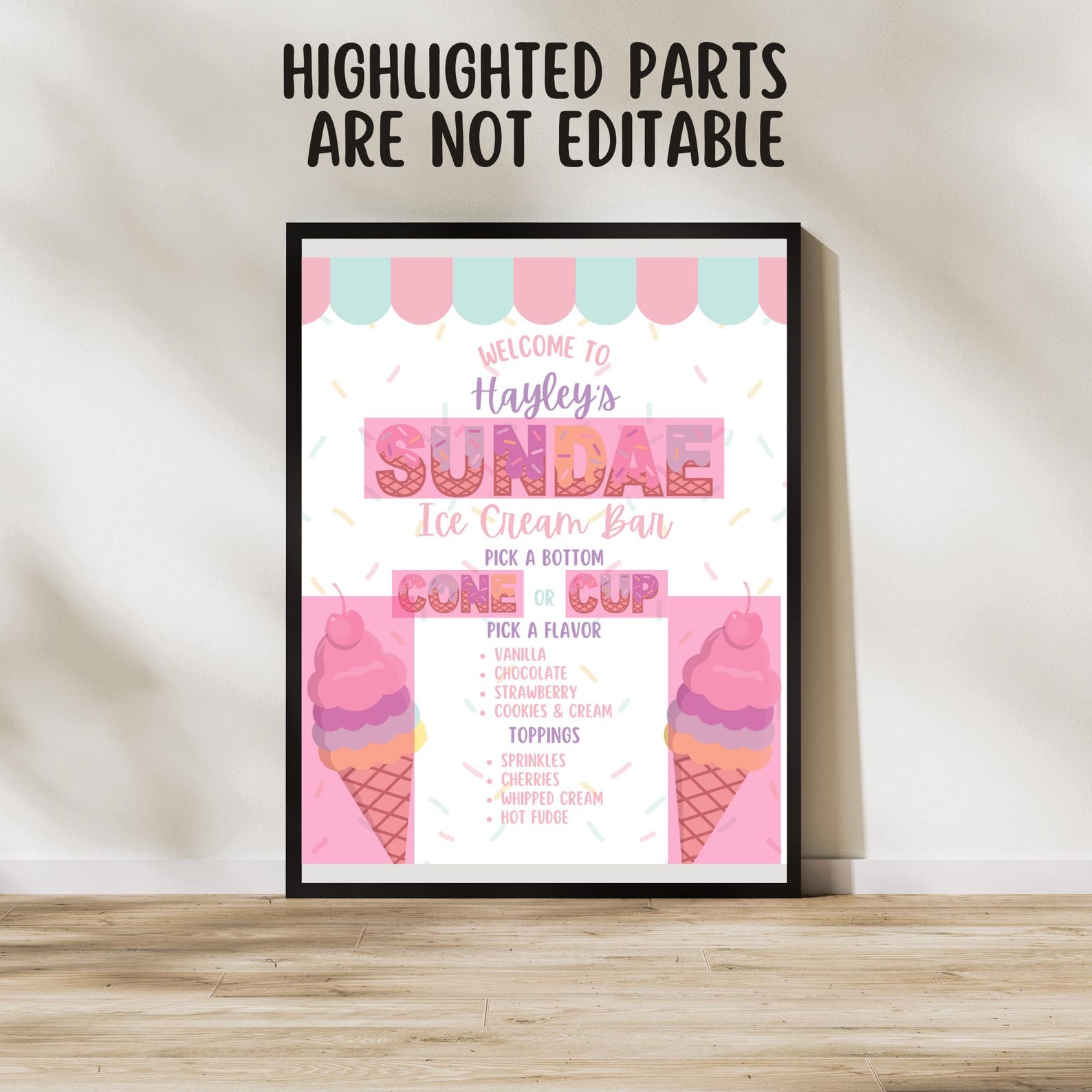Ice Cream Bar Menu Party Sign, Editable Template, Pastel Ice Cream ...