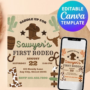 FIRST RODEO | Western Birthday | Cowboy Birthday Invitation | Cowboy Party | Editable Canva Template