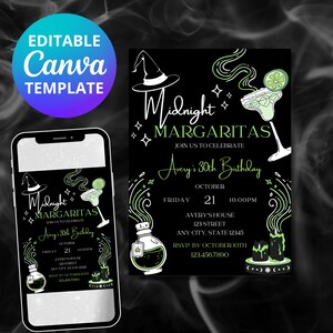 Bearbeitbare Midnight Margarita Party Einladung | Halloween-Geburtstagsfeier | Einladung | CANVA VORLAGE | Sofort Download