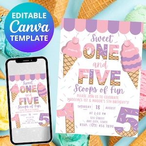 May include: A printable invitation for a birthday party with a sweet one and five theme. The invitation features ice cream cones with sprinkles and the text "Sweet One and Five Scoops of Fun".