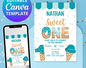 May include: A blue and orange birthday invitation with a colorful ice cream cone design. The invitation says "Nathan is a Sweet One" and includes details for a first birthday party.