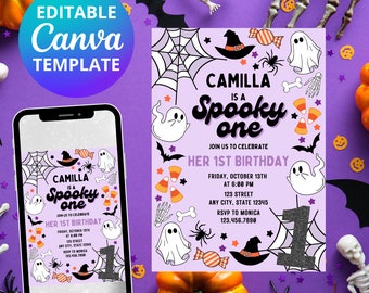 Spooky One Halloween Birthday Invitation, Girl, Canva Template (Digital Download)
