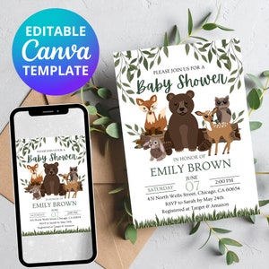 Woodland Baby Shower Invitation | Gender Neutral | Woodland Animals Invitations | CANVA TEMPLATE | Instant Download