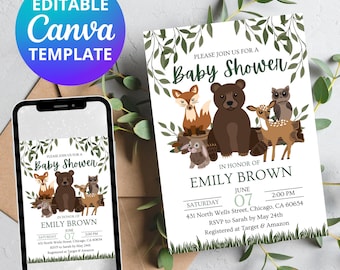 Woodland Baby Shower Invitation | Gender Neutral | Woodland Animals Invitations | CANVA TEMPLATE | Instant Download