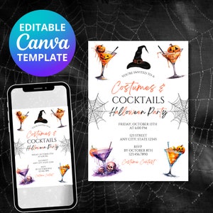 Editable Halloween Invitation, Costumes & Cocktails Party, Halloween Party, Canva Template, Instant Download