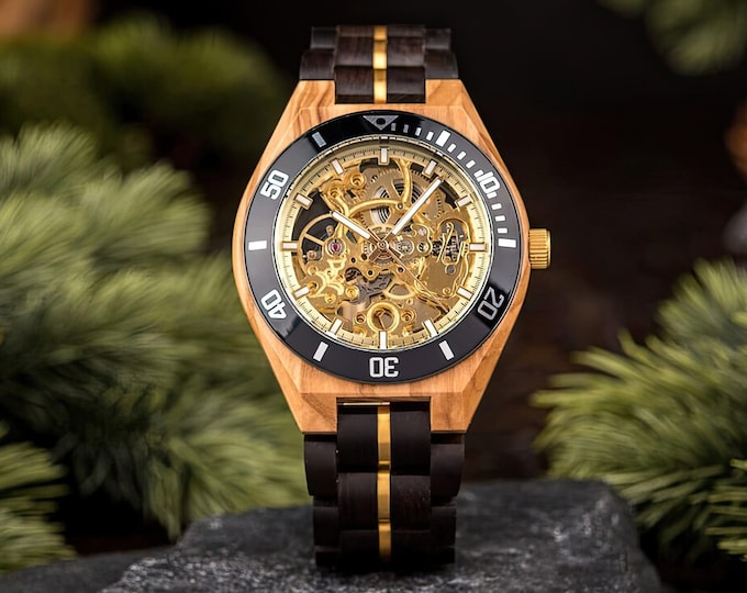 Black & Gold skeletal Wooden Watch | Gift birthday or anniversary | Personalised handmade gift automatic watch friend boyfriend present