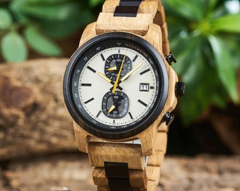 Montre chronographe en bois pour homme - Double cadran avec cadran noir et blanc | Gravure artisanale et personnalisable, cadeau parfait pour lui