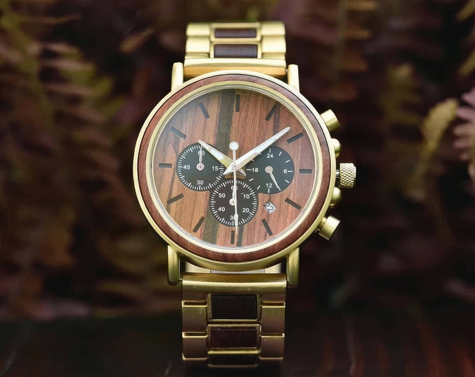 Gold Wooden Watch | Gift birthday or anniversary | Personalised handmade gift automatic watch friend boyfriend present